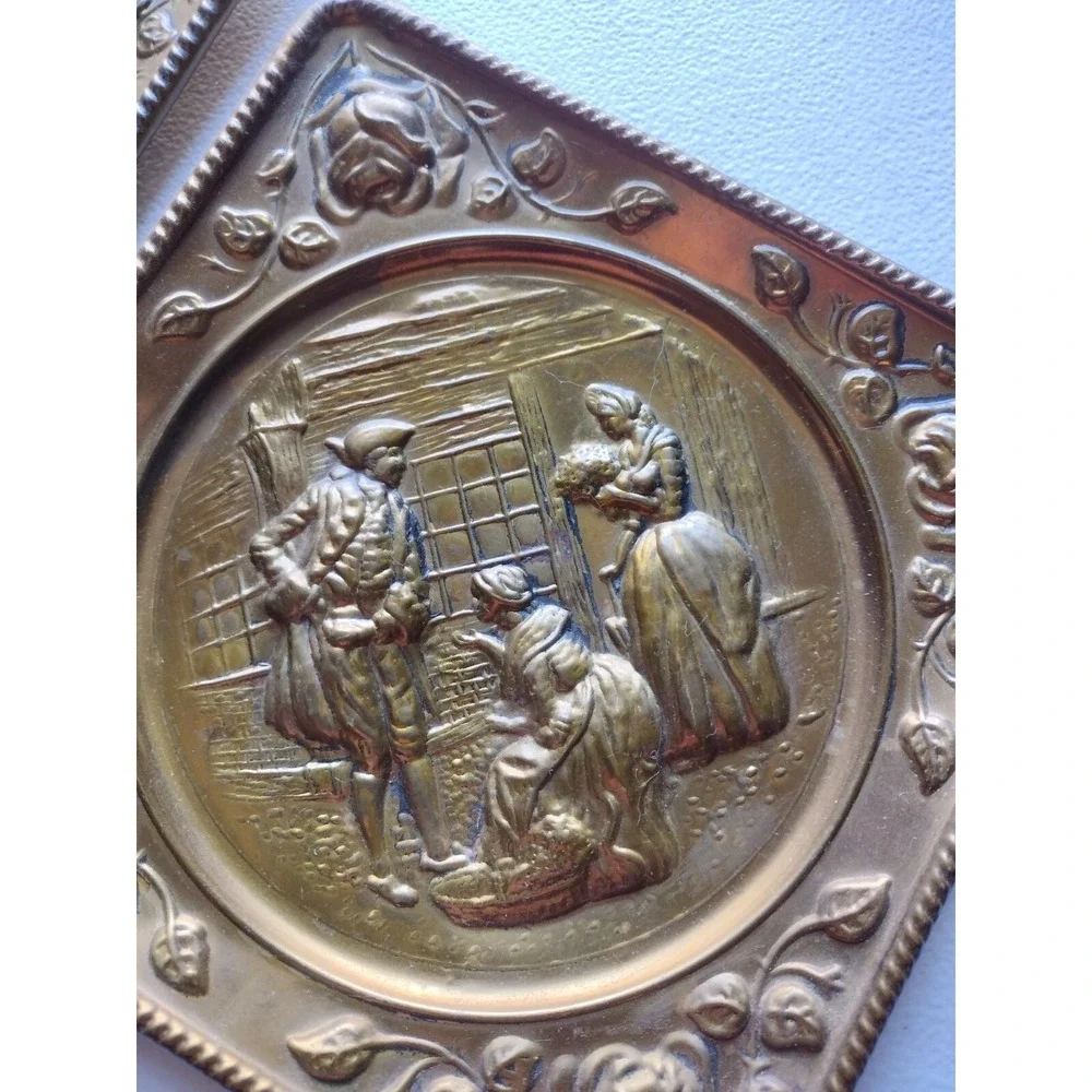 Vintage Elpec England Diamond Shaped Embossed‎ Brass Wall Hanging ×2